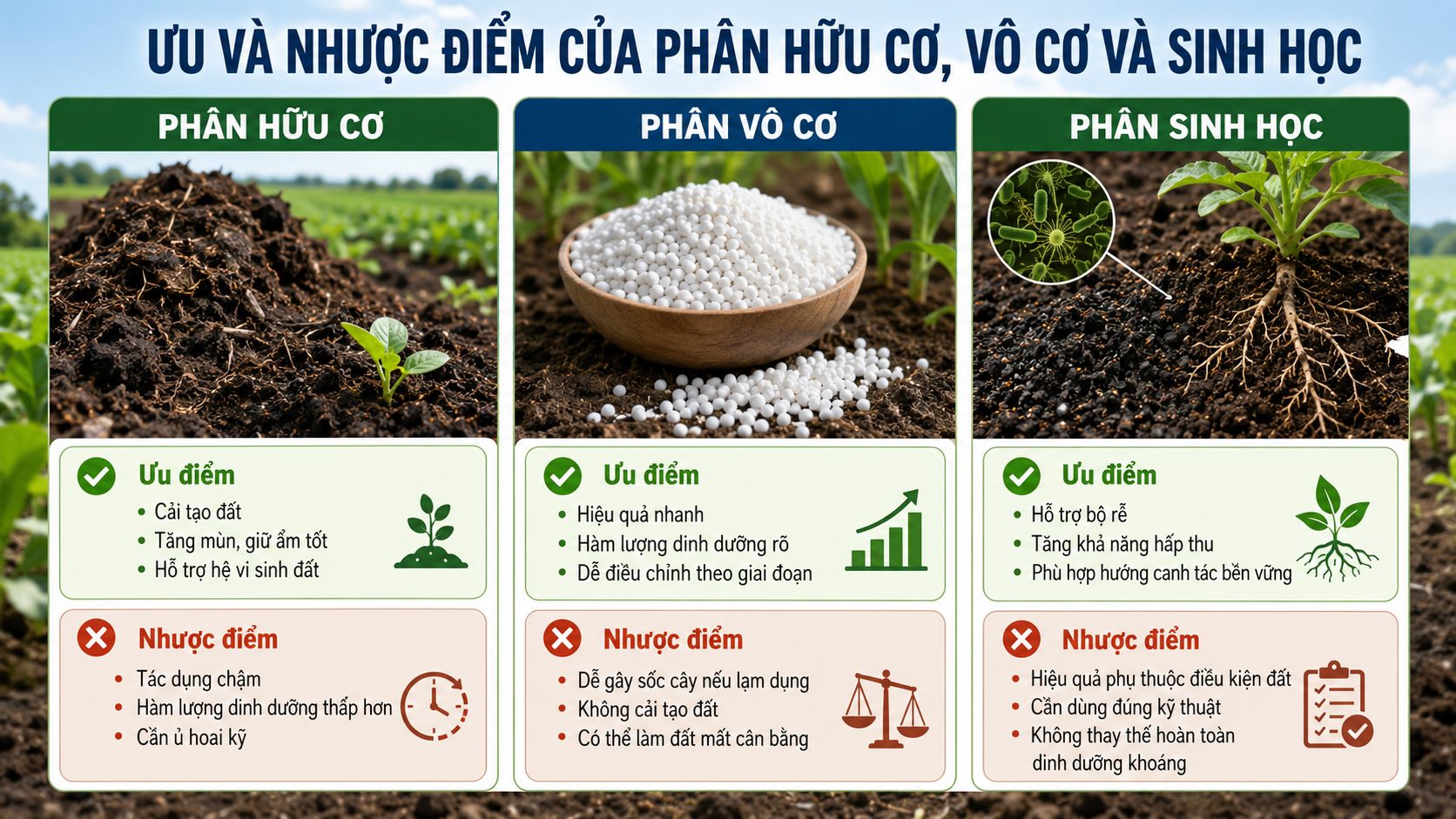 Ưu và nhược điểm của phân hữu cơ, vô cơ và sinh học